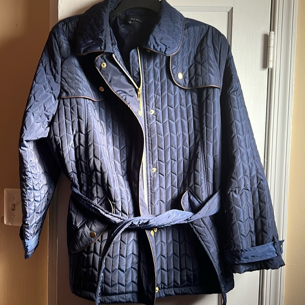 Navy blue, brown trim and gold zipper and snaps